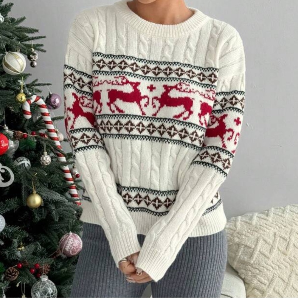 Women's Festive Reindeer Sweater - Cream and Red